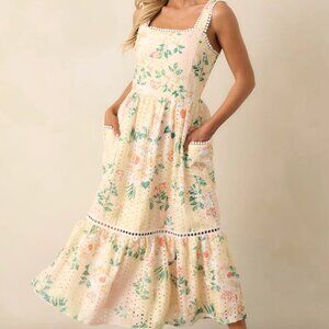 Champagne Toast Yellow Floral Embroidered Midi Dress